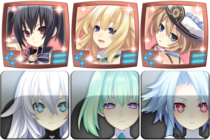 Noire, Vert and Blanc, and below them their goddess forms Black Heart, Green Heart and White Heart