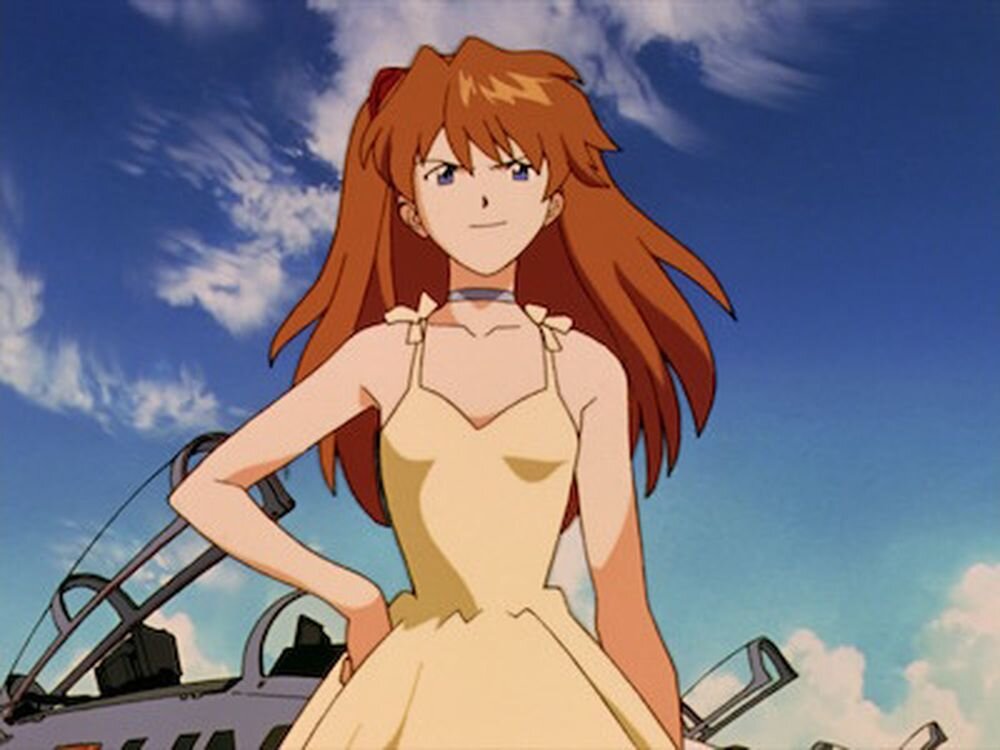 Asuka's first appearance, on the deck of an aircraft carrier - Neon Genesis Evangelion